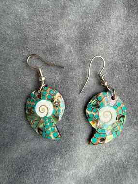 Turquoise Shell Spiral Drop Earrings - Unbranded